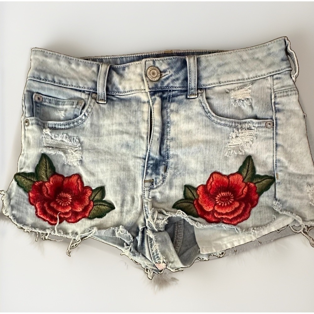 American Eagle Hi-Rise Shortie Shorts Micro Mini 6 Light Wash Rose Embroidered - Picture 2 of 7
